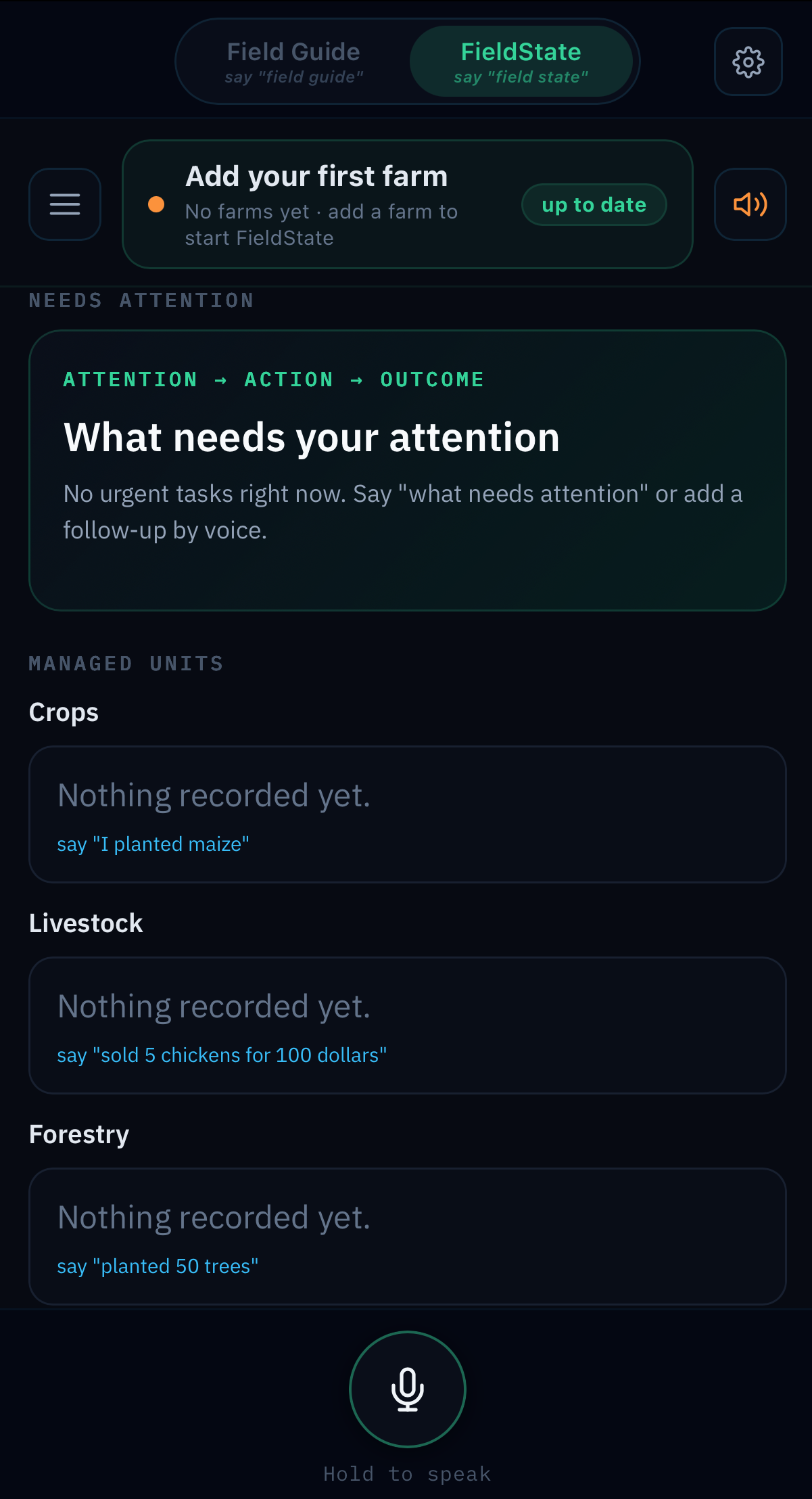 FieldGuide product screen showing core app sections and day-to-day farm workflows